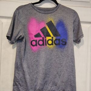 Adidas Kids Gray Tee with Pink, Blue, and Yellow Highlights